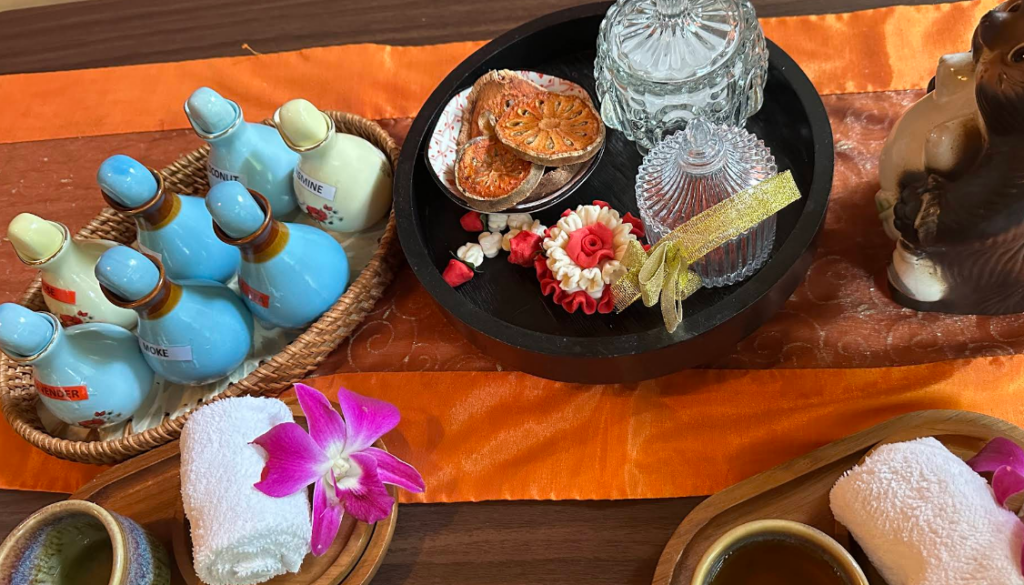 お茶や選べるアロマなどの写真